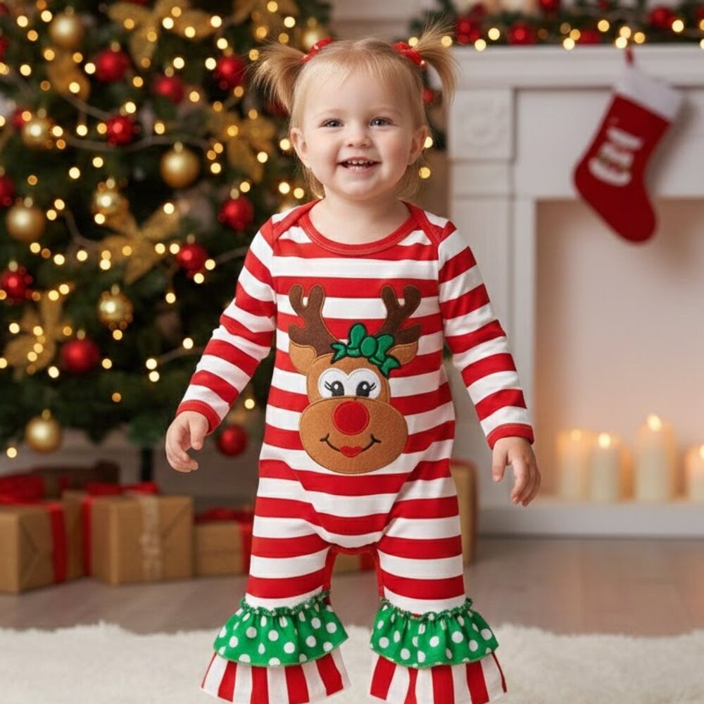 Infant Girl's Stripe Reindeer Christmas Romper